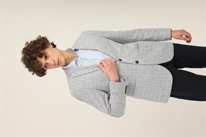 Bebe Mavi Ekose Mono Yaka Yarım Astar Torba Cep Blazer Tek Ceket Slim Fit | Agustini