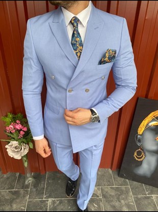 Bebe Mavi, Kruvaze Takım Elbise Sivri Yaka | Agustini