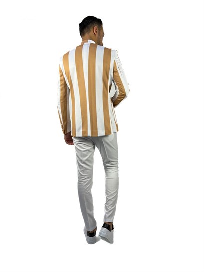 Bej Beyaz Şerit Desen Torba Cep Blazer Tek Ceket Slim Fit | Agustini