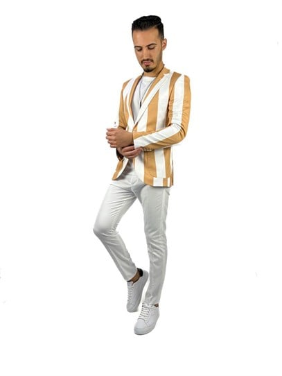 Bej Beyaz Şerit Desen Torba Cep Blazer Tek Ceket Slim Fit | Agustini