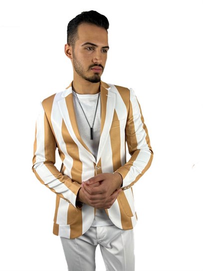 Bej Beyaz Şerit Desen Torba Cep Blazer Tek Ceket Slim Fit | Agustini