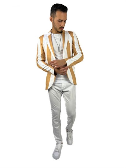 Bej Beyaz Şerit Desen Torba Cep Blazer Tek Ceket Slim Fit | Agustini