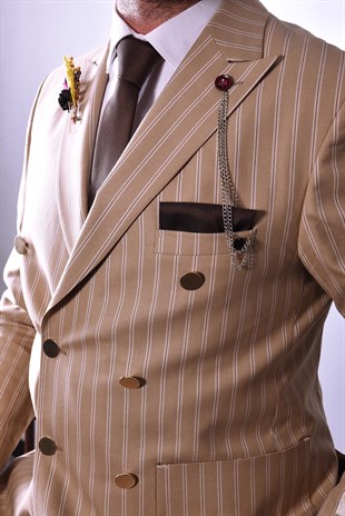 Bej Çizgili,Kruvaze Takım Elbise Slim Fit | Agustini