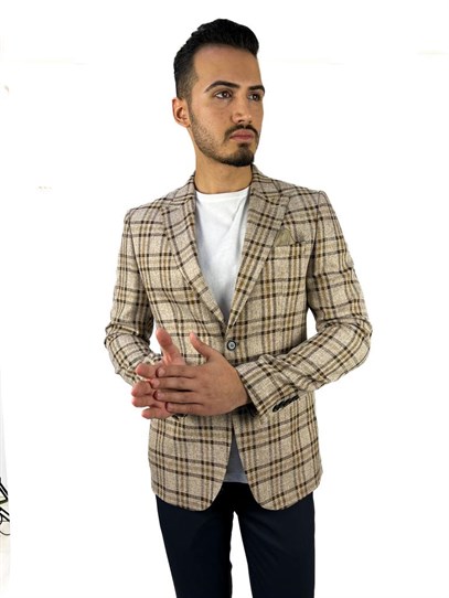Bej Ekose Blazer Tek Ceket Sivri Yaka Regular Fit | Agustini