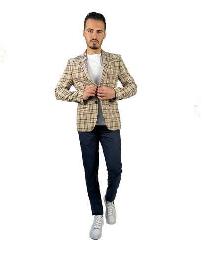 Bej Ekose Blazer Tek Ceket Sivri Yaka Regular Fit | Agustini