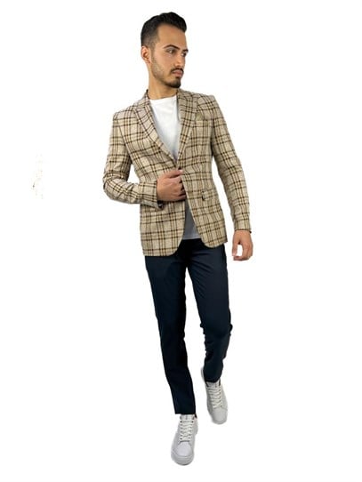 Bej Ekose Blazer Tek Ceket Sivri Yaka Regular Fit | Agustini