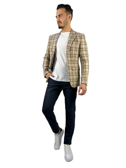 Bej Ekose Blazer Tek Ceket Sivri Yaka Regular Fit | Agustini