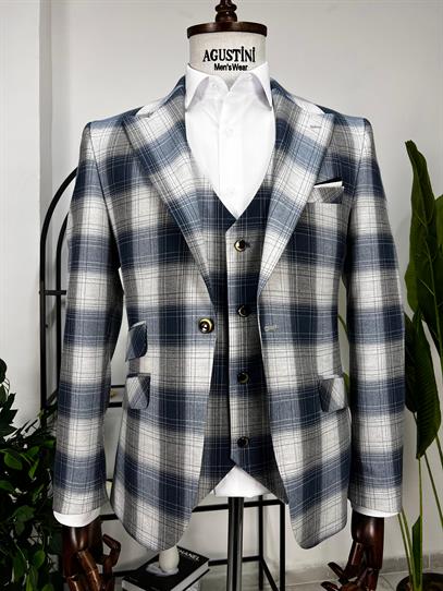 Lacivert Ekose Mendilli Yelekli Takım Elbise Sivri Yaka Slim Fit Kalıp | Agustini