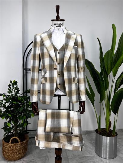 Bej Ekose Mendilli Yelekli Takım Elbise Sivri Yaka Slim Fit Kalıp | Agustini