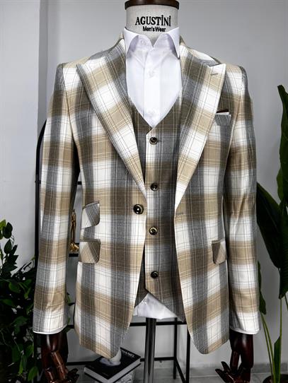 Bej Ekose Mendilli Yelekli Takım Elbise Sivri Yaka Slim Fit Kalıp | Agustini