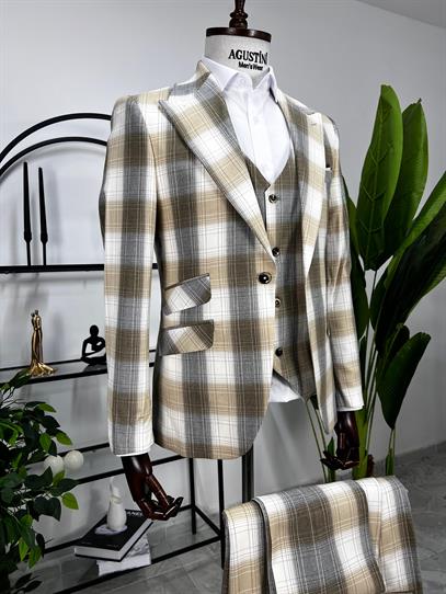 Bej Ekose Mendilli Yelekli Takım Elbise Sivri Yaka Slim Fit Kalıp | Agustini