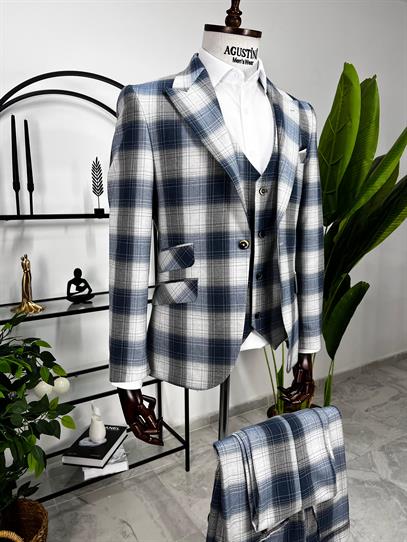 Lacivert Ekose Mendilli Yelekli Takım Elbise Sivri Yaka Slim Fit Kalıp | Agustini