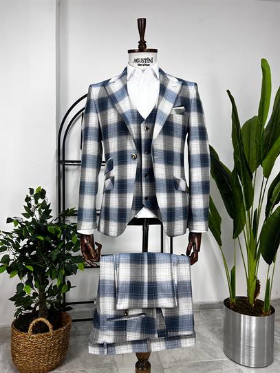 Lacivert Ekose Mendilli Yelekli Takım Elbise Sivri Yaka Slim Fit Kalıp | Agustini