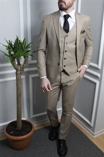 Bej Renk Yelekli Takım Elbise Sivri Yaka | Agustini