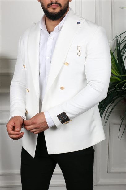 Beyaz Blazer Tek Ceket Sivri Yaka İtalyan Stil Slim Fit | Agustini