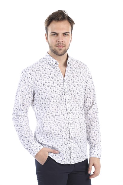 Beyaz Desenli Slim Fit Gömlek | Agustini