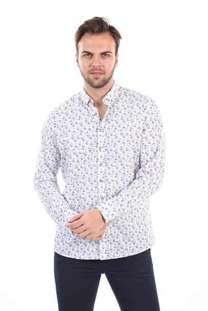 Beyaz Desenli Slim Fit Gömlek | Agustini