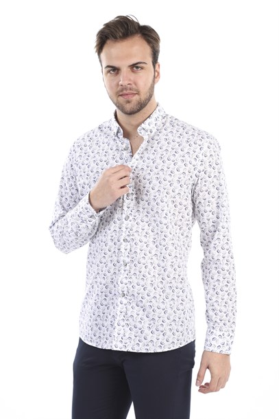 Beyaz Desenli Slim Fit Gömlek | Agustini