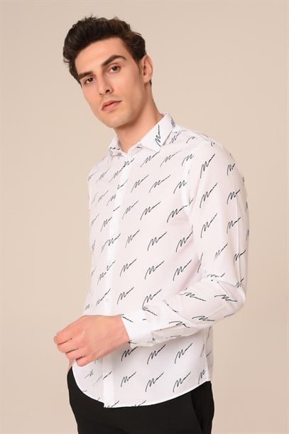 Beyaz İmza Desen Slim Fit Gömlek | Agustini