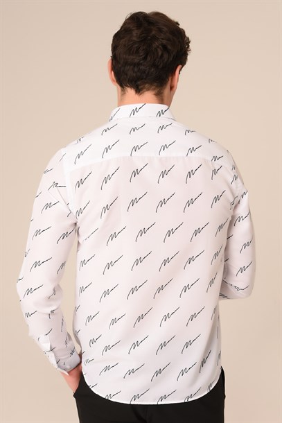 Beyaz İmza Desen Slim Fit Gömlek | Agustini