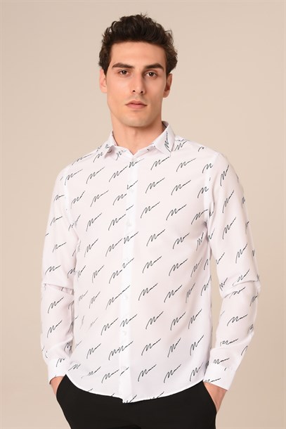 Beyaz İmza Desen Slim Fit Gömlek | Agustini