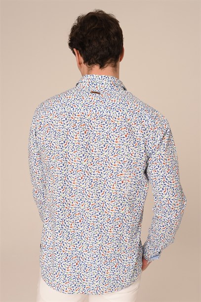 Beyaz Mavi Yaprak Desen Slim Fit Gömlek | Agustini