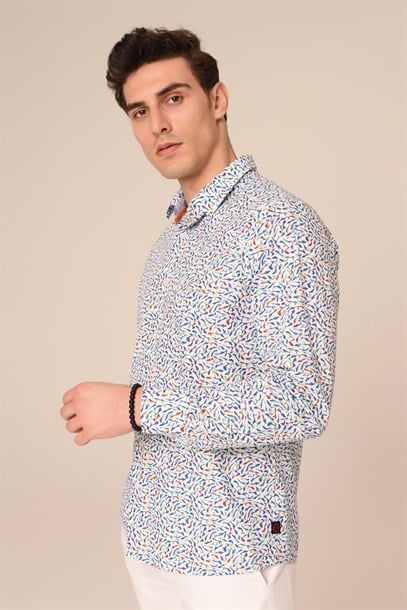 Beyaz Mavi Yaprak Desen Slim Fit Gömlek | Agustini