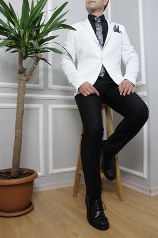 Beyaz Yarım Astar,Blazer Tek Ceket Mono Yaka Slim Fit | Agustini