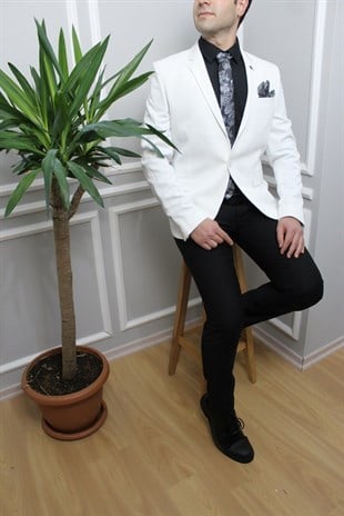 Beyaz Yarım Astar,Blazer Tek Ceket Mono Yaka Slim Fit | Agustini