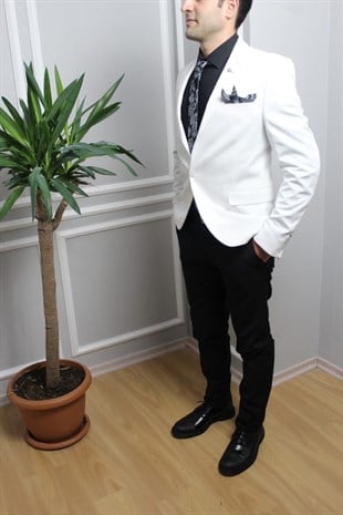 Beyaz Yarım Astar,Blazer Tek Ceket Mono Yaka Slim Fit | Agustini