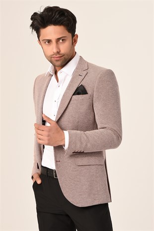 Bordo Beyaz Armürlü,Blazer Tek Ceket Mono Yaka Slim Fit | Agustini