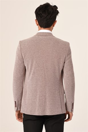 Bordo Beyaz Armürlü,Blazer Tek Ceket Mono Yaka Slim Fit | Agustini