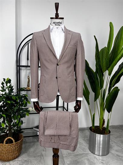 Bordo Beyaz Desenli 2Lİ Takım Elbise Mono Yaka Torba Cep Slim Fit Kalıp | Agustini