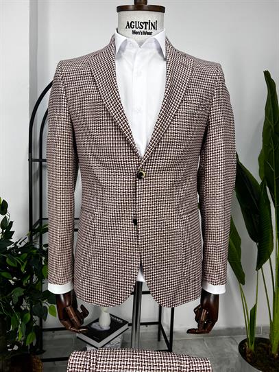 Bordo Beyaz Desenli 2Lİ Takım Elbise Mono Yaka Torba Cep Slim Fit Kalıp | Agustini