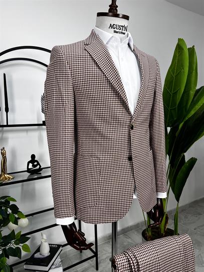 Bordo Beyaz Desenli 2Lİ Takım Elbise Mono Yaka Torba Cep Slim Fit Kalıp | Agustini