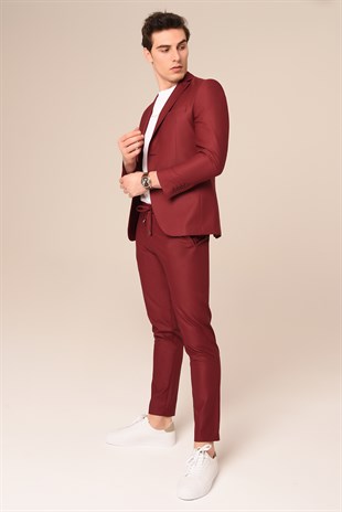 Bordo Spor Takım Elbise Jogger Pantolonlu Slim Fit | Agustini