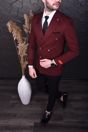 Bordo Renk, Kruvaze Tek Ceket Sivri Yaka | Agustini