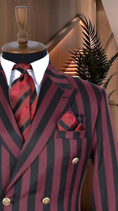 Bordo ve Siyah Çizgili İtalyan Stil Kruvaze İkili Kombin Takım Elbise Geniş Sivri Yaka Slim Fit | Agustini