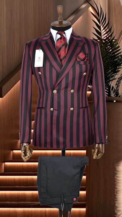 Bordo ve Siyah Çizgili İtalyan Stil Kruvaze İkili Kombin Takım Elbise Geniş Sivri Yaka Slim Fit | Agustini