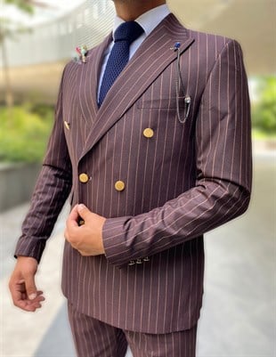 Bordo,Bej Çizgili Kruvaze Takım Elbise Sivri Yaka | Agustini