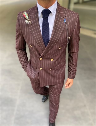 Bordo,Bej Çizgili Kruvaze Takım Elbise Sivri Yaka | Agustini