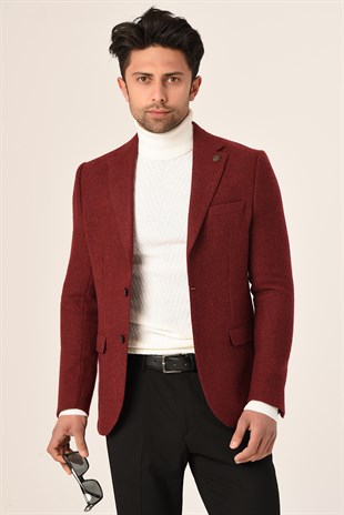 Bordo,Blazer Tek Ceket Mono Yaka Slim Fit | Agustini