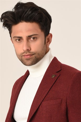 Bordo,Blazer Tek Ceket Mono Yaka Slim Fit | Agustini