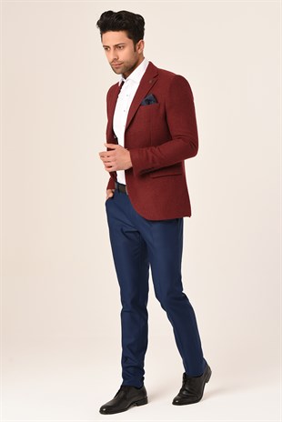 Bordo,Blazer Tek Ceket Mono Yaka Slim Fit | Agustini