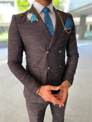 Bordo,Kruvaze Takım Elbise Sivri Yaka Slim Fit | Agustini