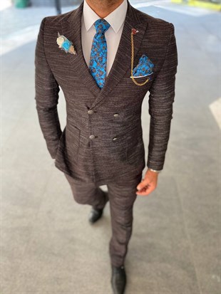 Bordo,Kruvaze Takım Elbise Sivri Yaka Slim Fit | Agustini