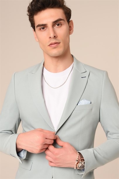 Buz Mavi,Blazer Tek Ceket Sivri Yaka Slim Fit | Agustini