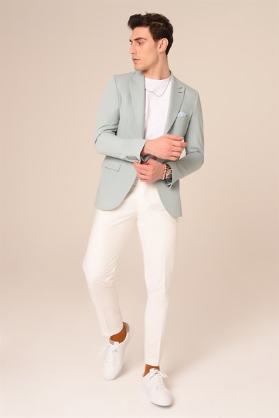 Buz Mavi,Blazer Tek Ceket Sivri Yaka Slim Fit | Agustini