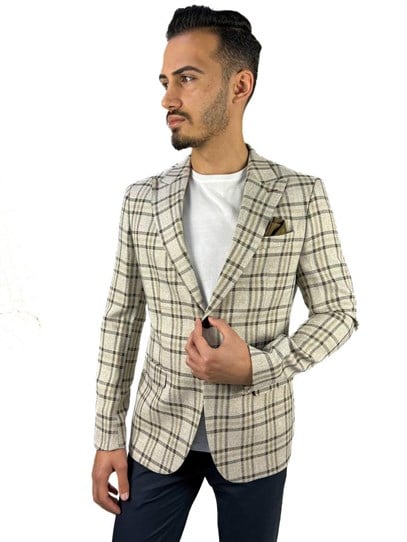 Ekru Renk Ekose Blazer Tek Ceket Sivri Yaka Regular Fit | Agustini