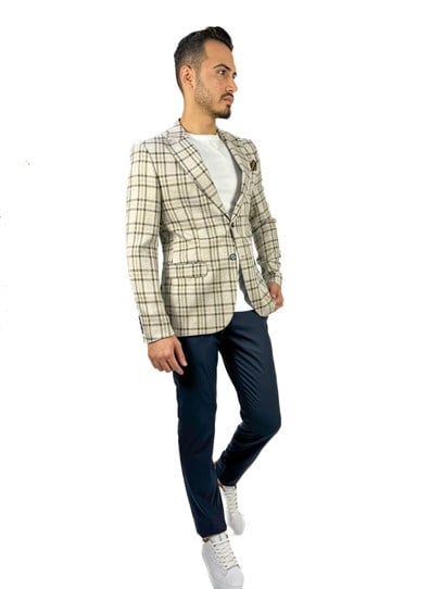 Ekru Renk Ekose Blazer Tek Ceket Sivri Yaka Regular Fit | Agustini